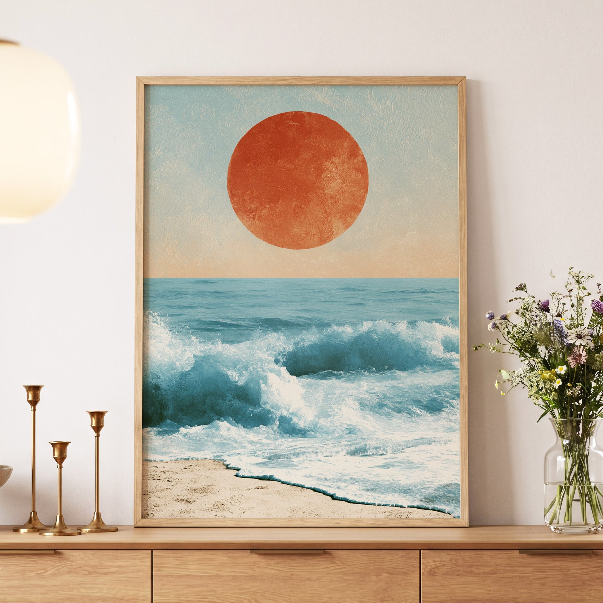 Tidal Sun, blue, white, beige nature wall art displayed in a styled interior, gallery view 5