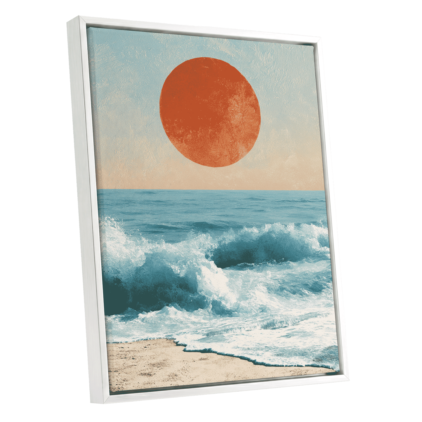 Tidal Sun, blue, white, beige nature wall art shown as a white framed canvas wall art