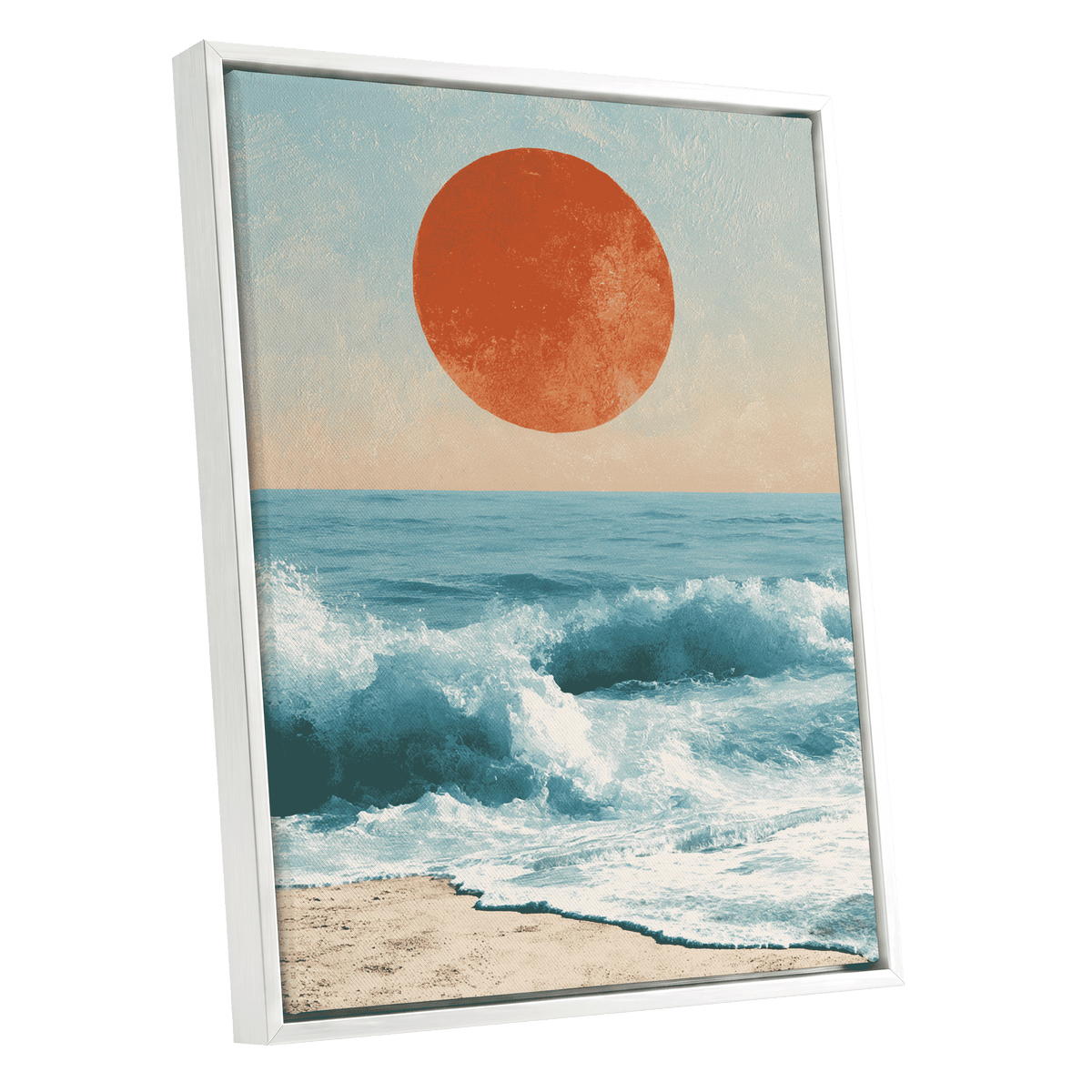 Tidal Sun, blue, white, beige nature wall art shown as a white framed canvas wall art