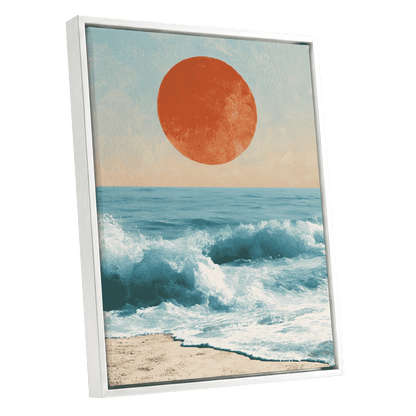 Tidal Sun, blue, white, beige nature wall art shown as a white framed canvas wall art