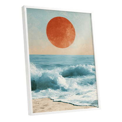 Tidal Sun, blue, white, beige nature wall art shown as a white framed poster wall art print