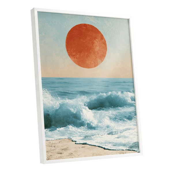 Tidal Sun, blue, white, beige nature wall art shown as a white framed poster wall art print