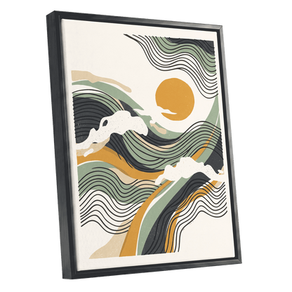 Tidal Sunlines, blue, green, gold nature wall art shown as a black framed canvas wall art