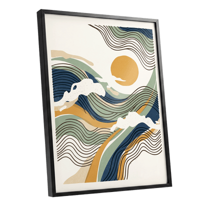 Tidal Sunlines, blue, green, gold nature wall art shown as a black framed poster wall art print