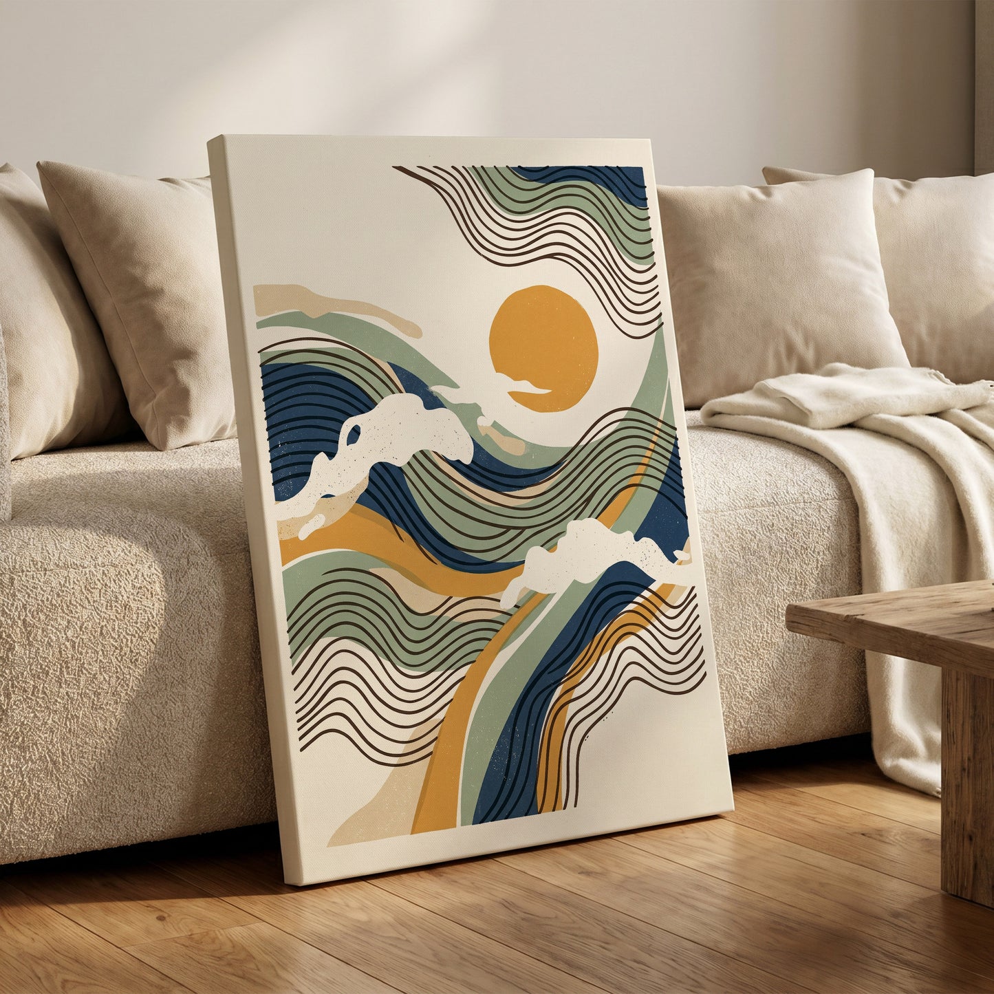 Tidal Sunlines, blue, green, gold nature wall art on canvas displayed in a styled interior, gallery view 1