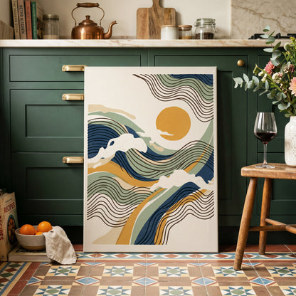 Tidal Sunlines, blue, green, gold nature wall art on canvas displayed in a styled interior, gallery view 2