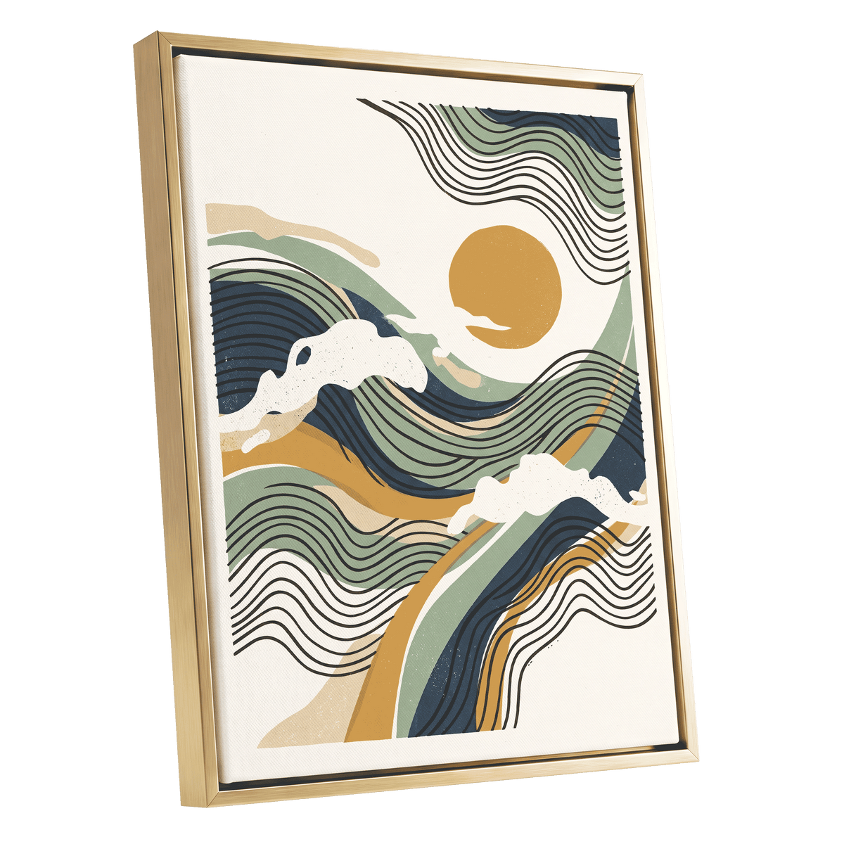 Tidal Sunlines, blue, green, gold nature wall art shown as a gold framed canvas wall art