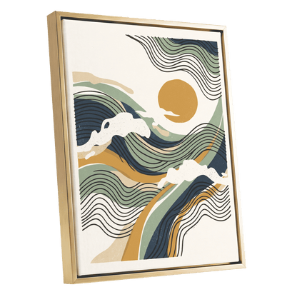 Tidal Sunlines, blue, green, gold nature wall art shown as a gold framed canvas wall art