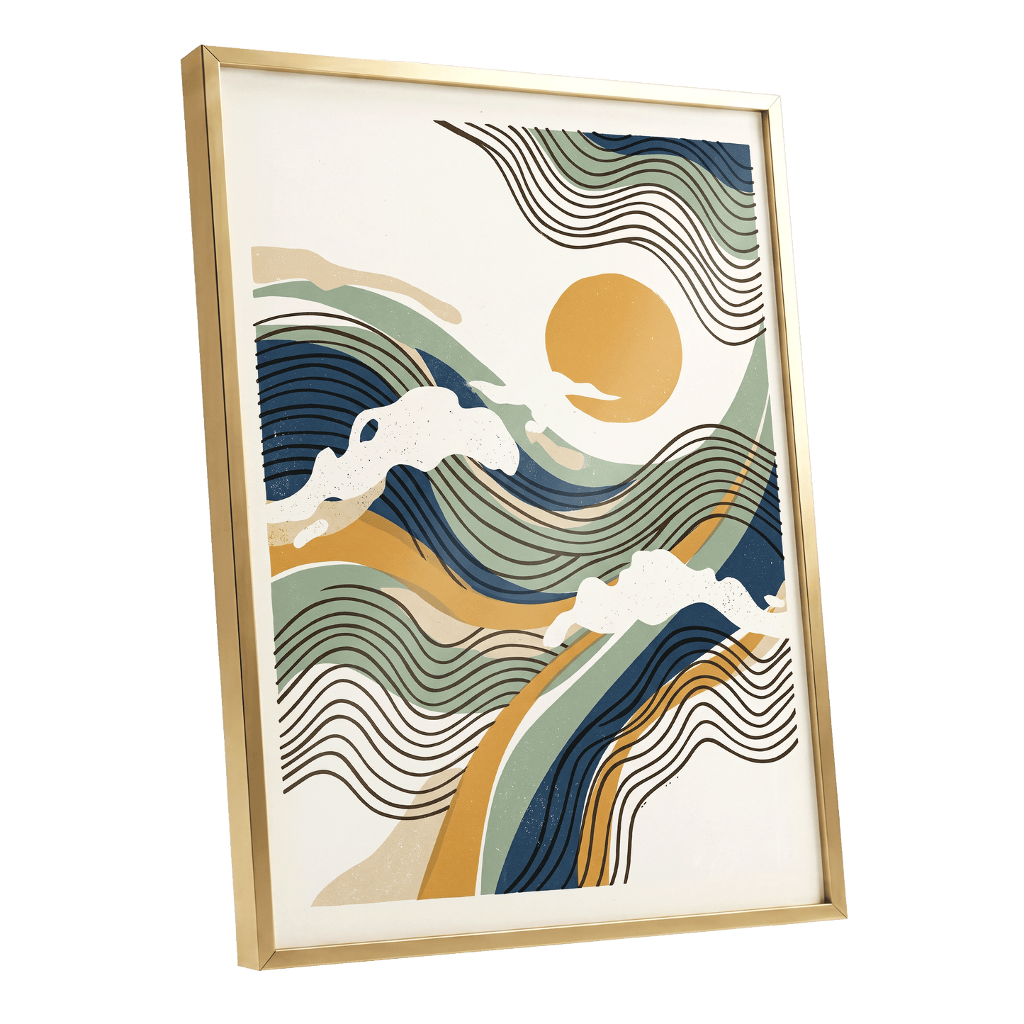 Tidal Sunlines, blue, green, gold nature wall art shown as a gold framed poster wall art print