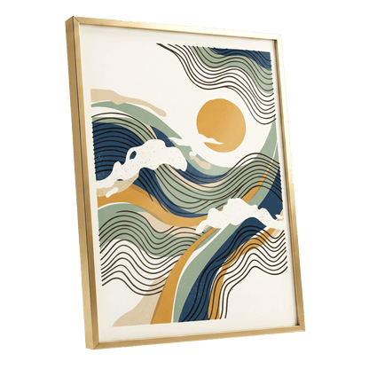 Tidal Sunlines, blue, green, gold nature wall art shown as a gold framed poster wall art print