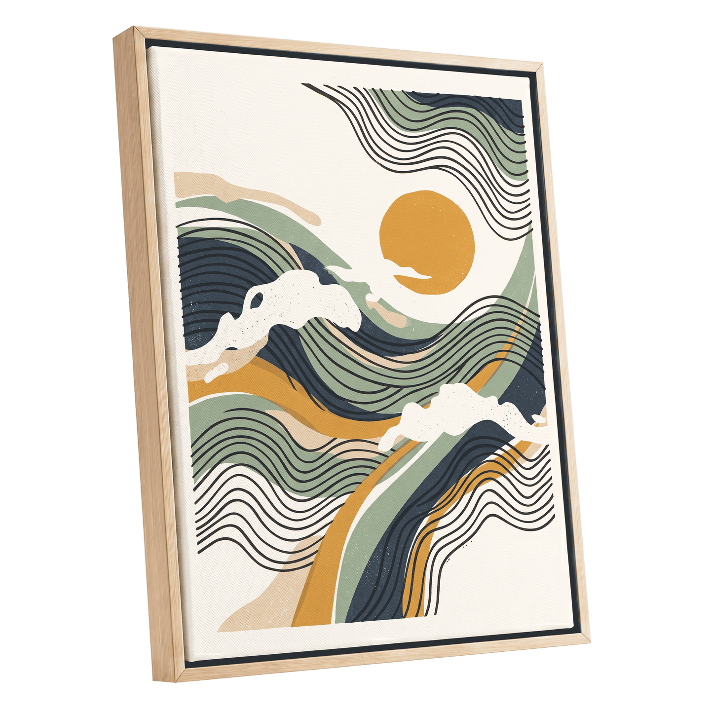 Tidal Sunlines, blue, green, gold nature wall art shown as a oak framed canvas wall art