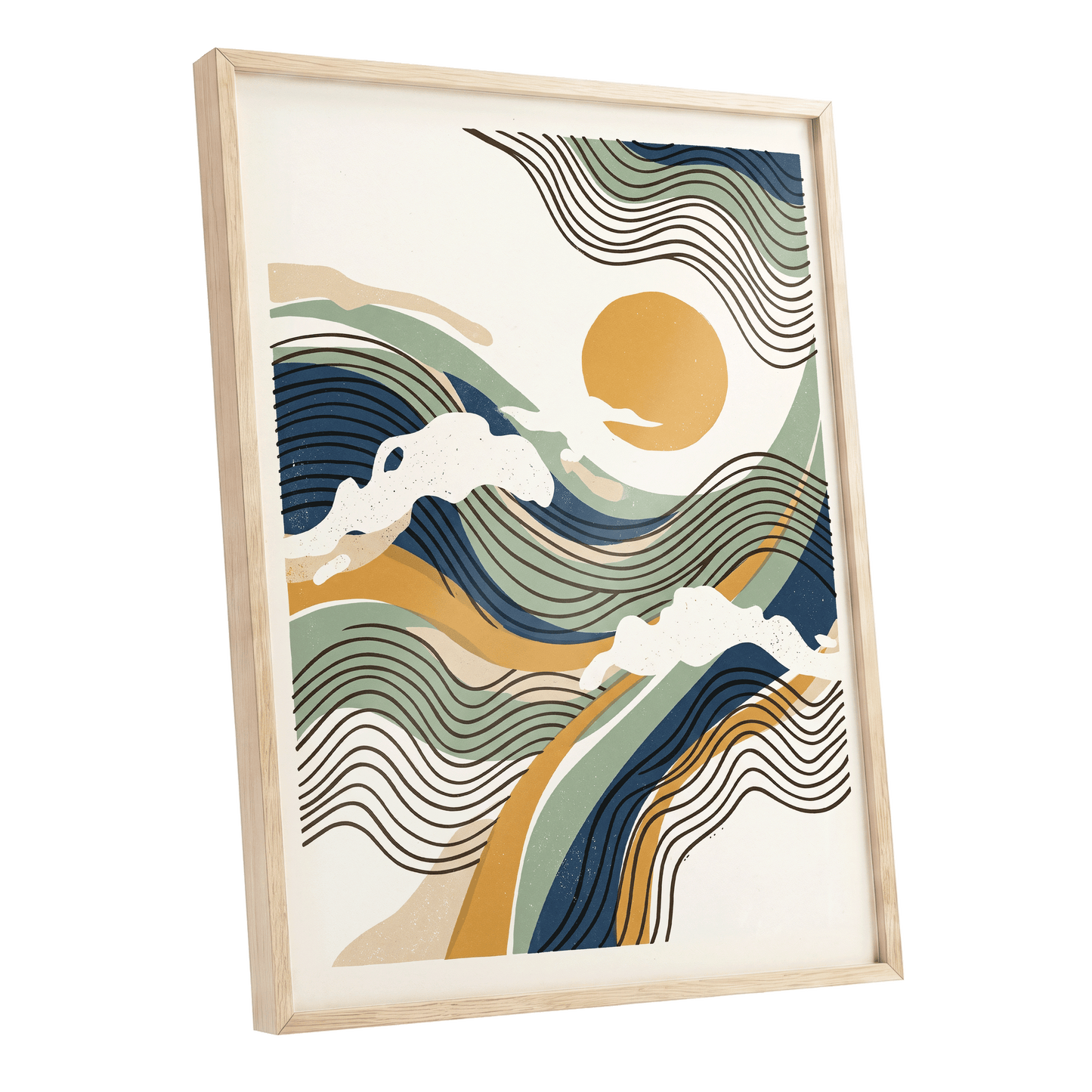 Tidal Sunlines, blue, green, gold nature wall art shown as a oak framed poster wall art print