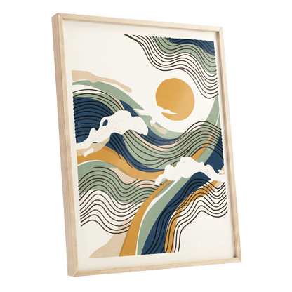 Tidal Sunlines, blue, green, gold nature wall art shown as a oak framed poster wall art print