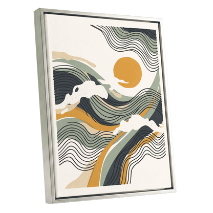 Tidal Sunlines, blue, green, gold nature wall art shown as a silver framed canvas wall art