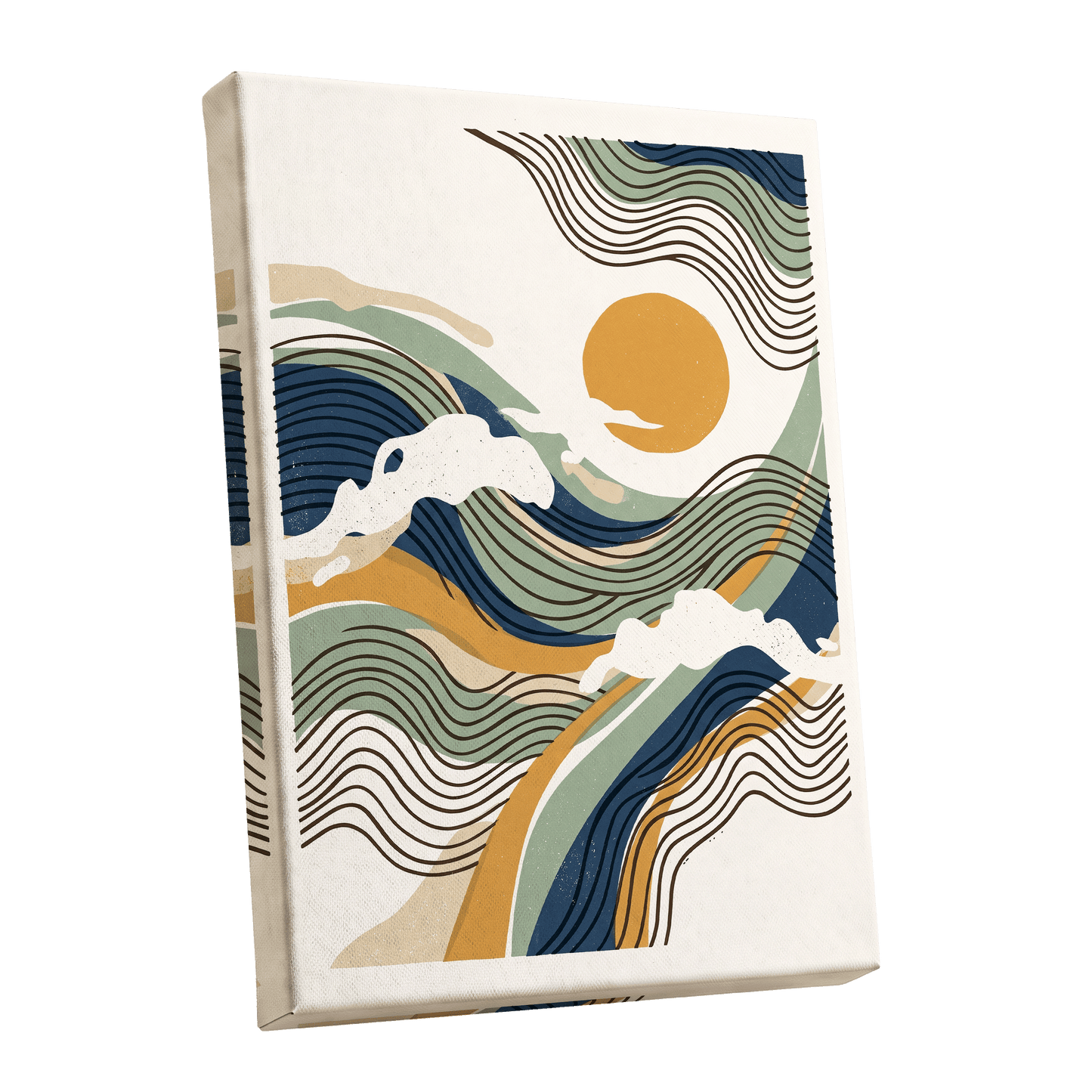 Tidal Sunlines, blue, green, gold nature wall art shown as a stretched canvas wall art