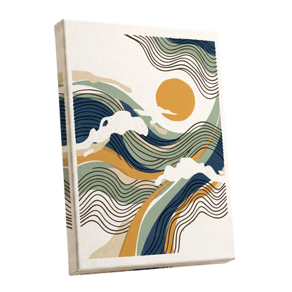 Tidal Sunlines, blue, green, gold nature wall art shown as a stretched canvas wall art
