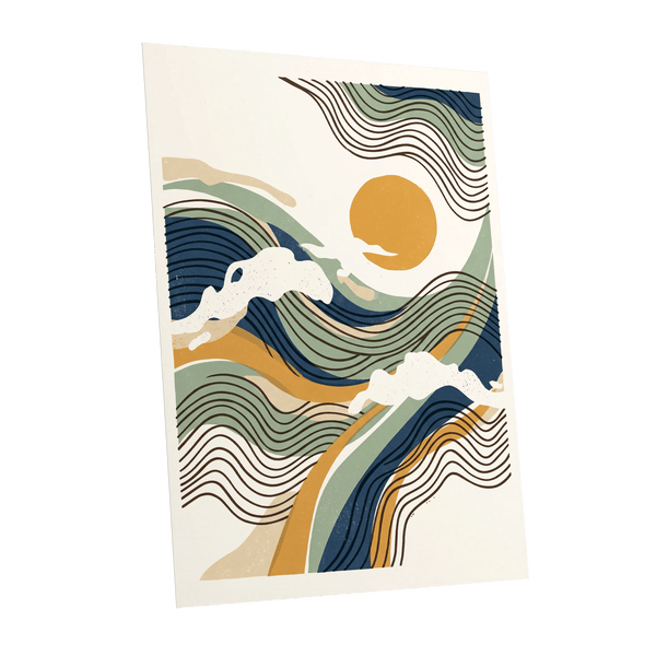 Tidal Sunlines, blue, green, gold nature wall art shown as a unframed poster wall art print