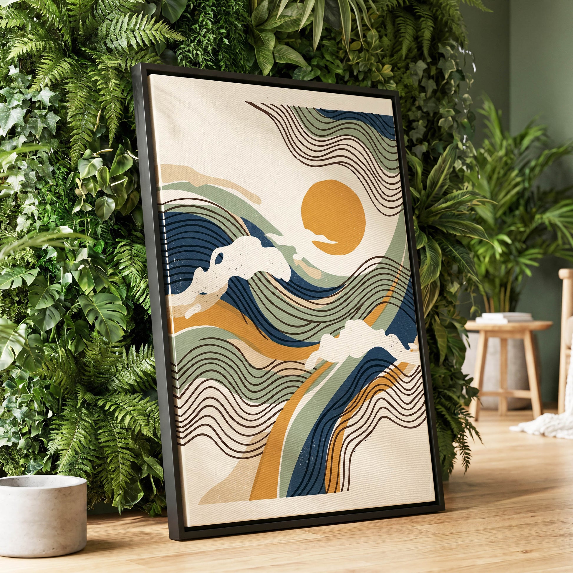 Tidal Sunlines, blue, green, gold nature wall art displayed in a styled interior, gallery view 1