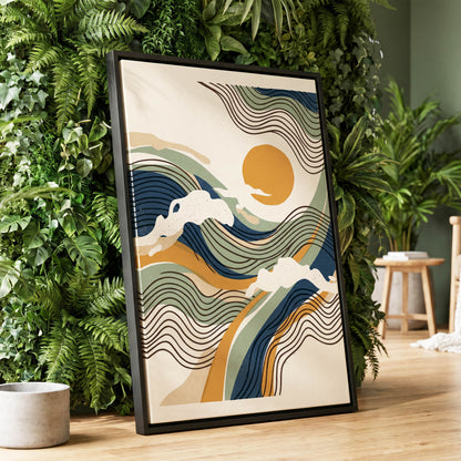 Tidal Sunlines, blue, green, gold nature wall art displayed in a styled interior, gallery view 1
