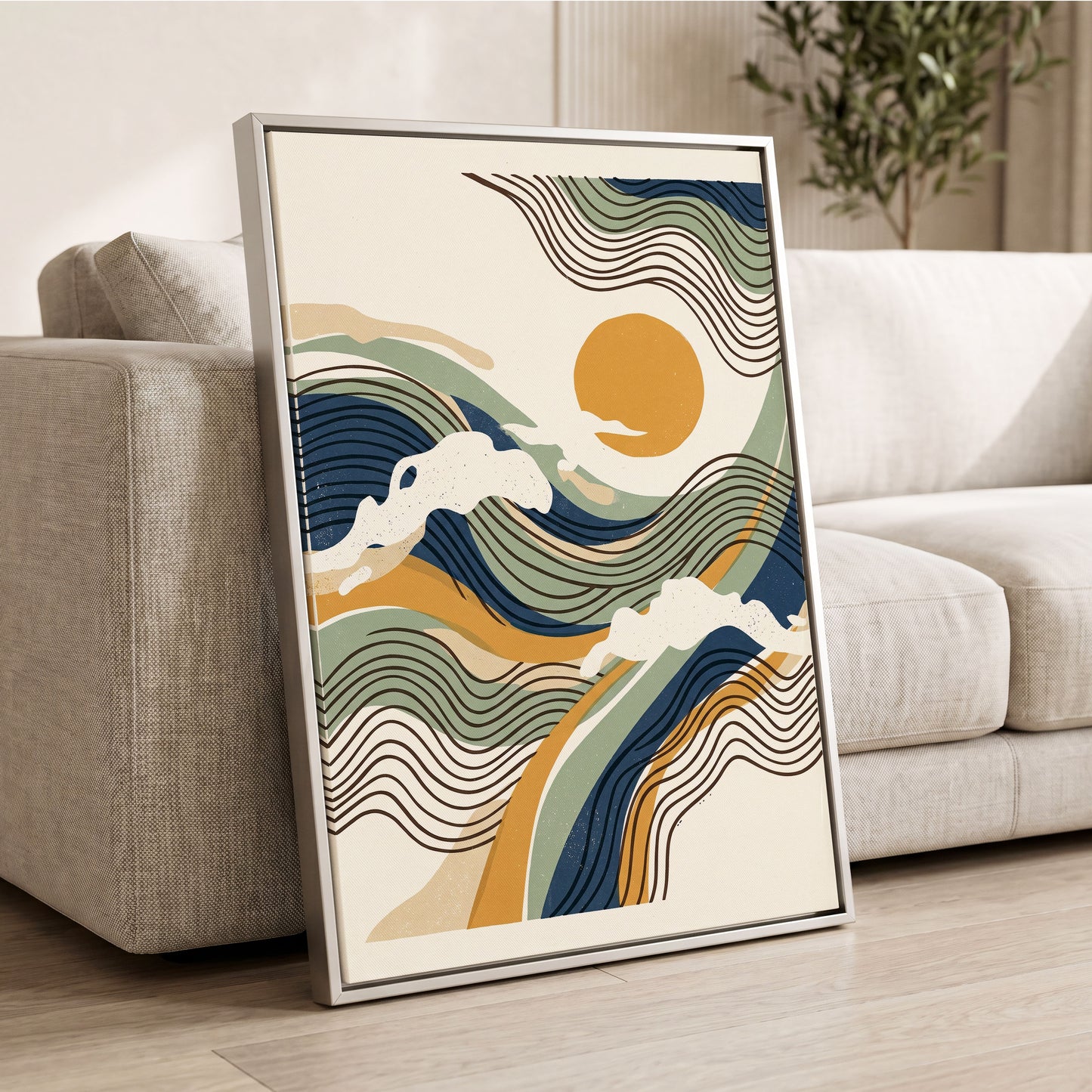 Tidal Sunlines, blue, green, gold nature wall art displayed in a styled interior, gallery view 2