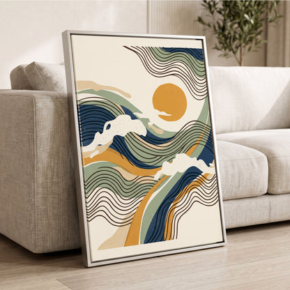 Tidal Sunlines, blue, green, gold nature wall art displayed in a styled interior, gallery view 2
