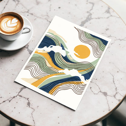 Tidal Sunlines, blue, green, gold nature wall art displayed in a styled interior, gallery view 3