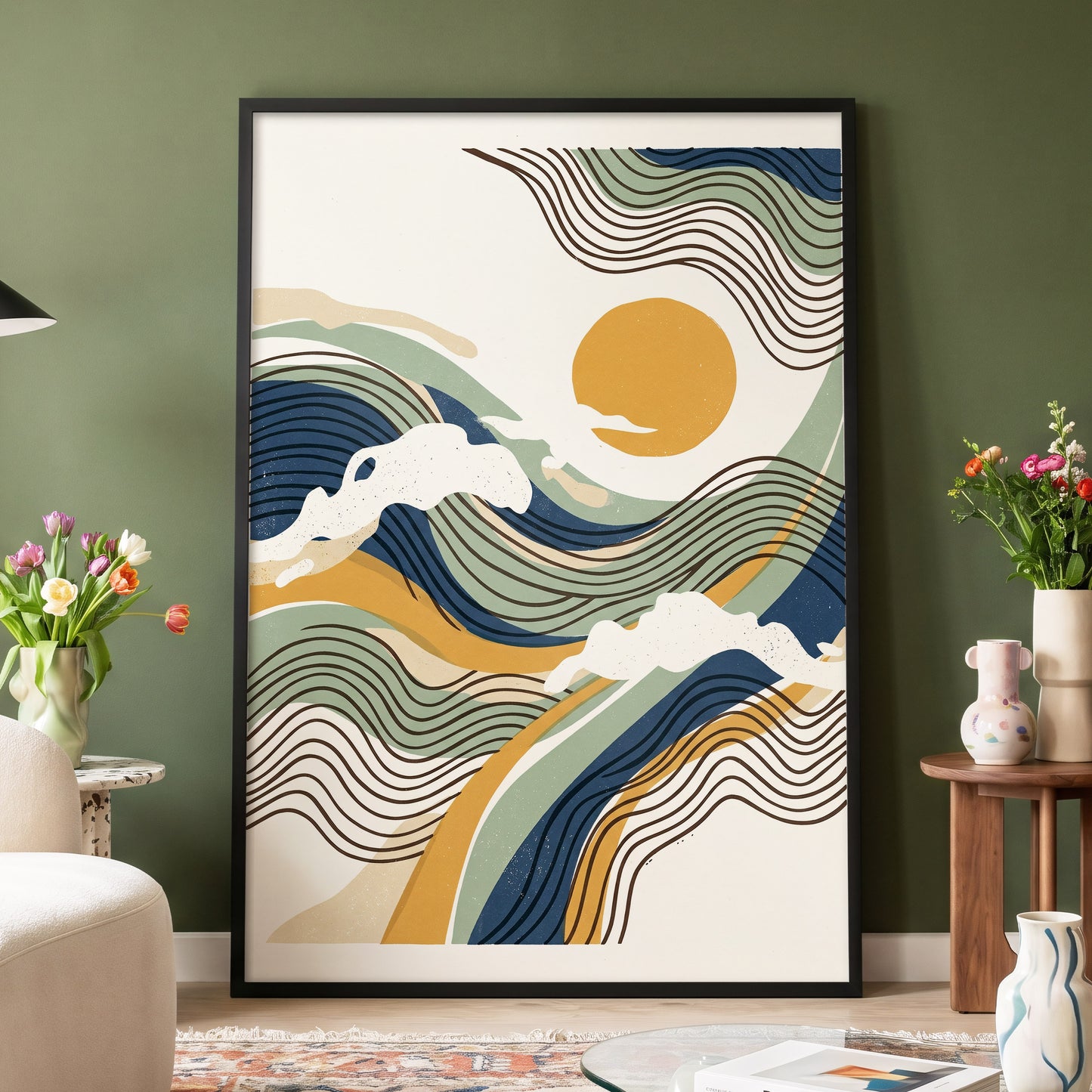 Tidal Sunlines, blue, green, gold nature wall art displayed in a styled interior, gallery view 4