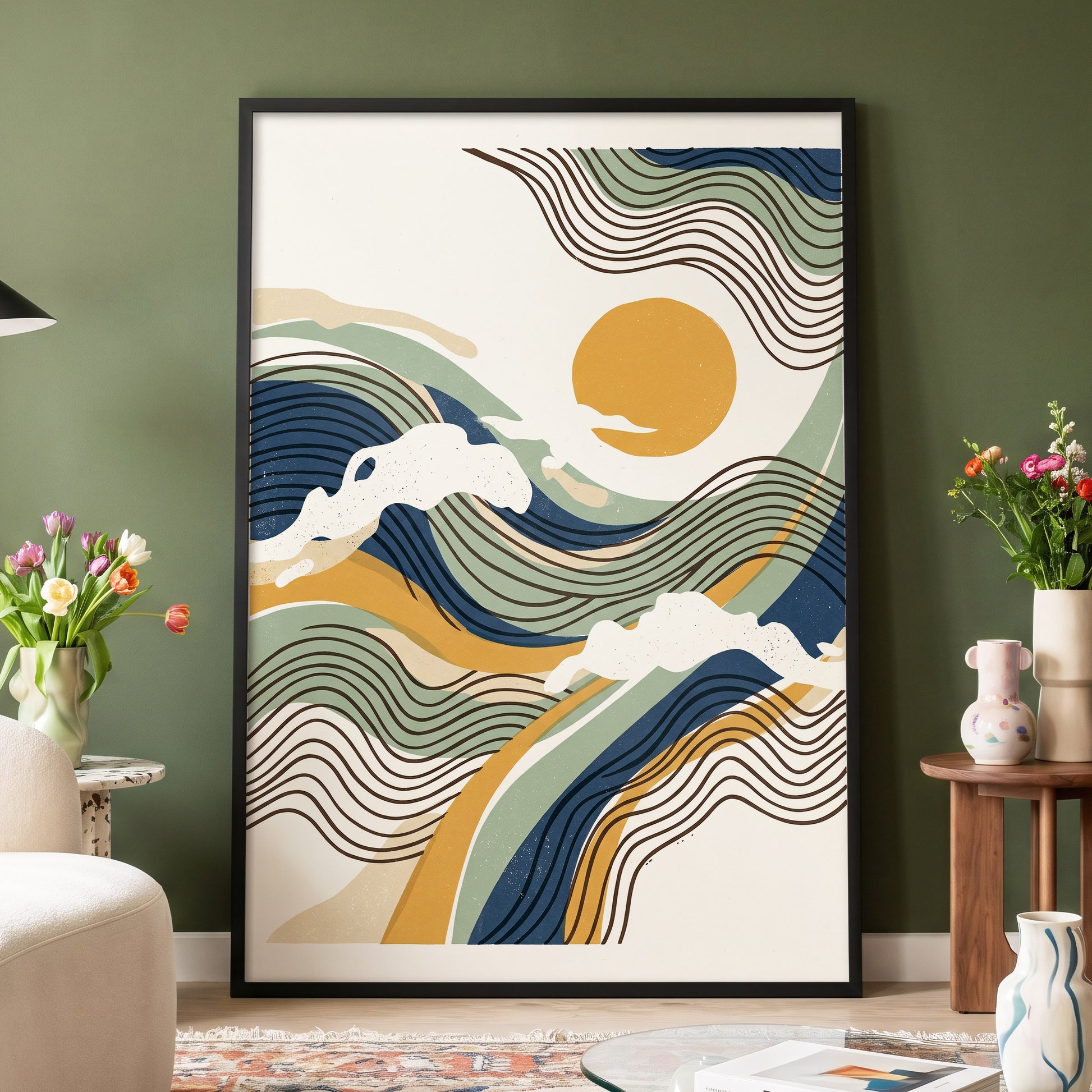 Tidal Sunlines, blue, green, gold nature wall art displayed in a styled interior, gallery view 4