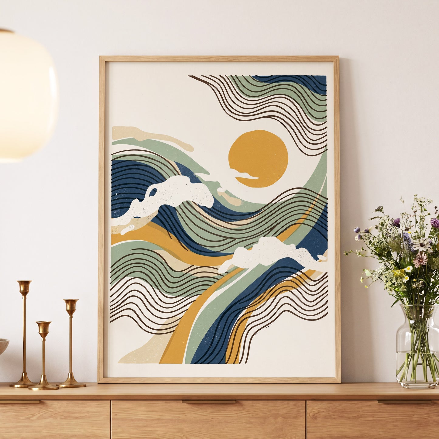 Tidal Sunlines, blue, green, gold nature wall art displayed in a styled interior, gallery view 5