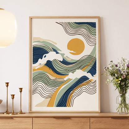 Tidal Sunlines, blue, green, gold nature wall art displayed in a styled interior, gallery view 5