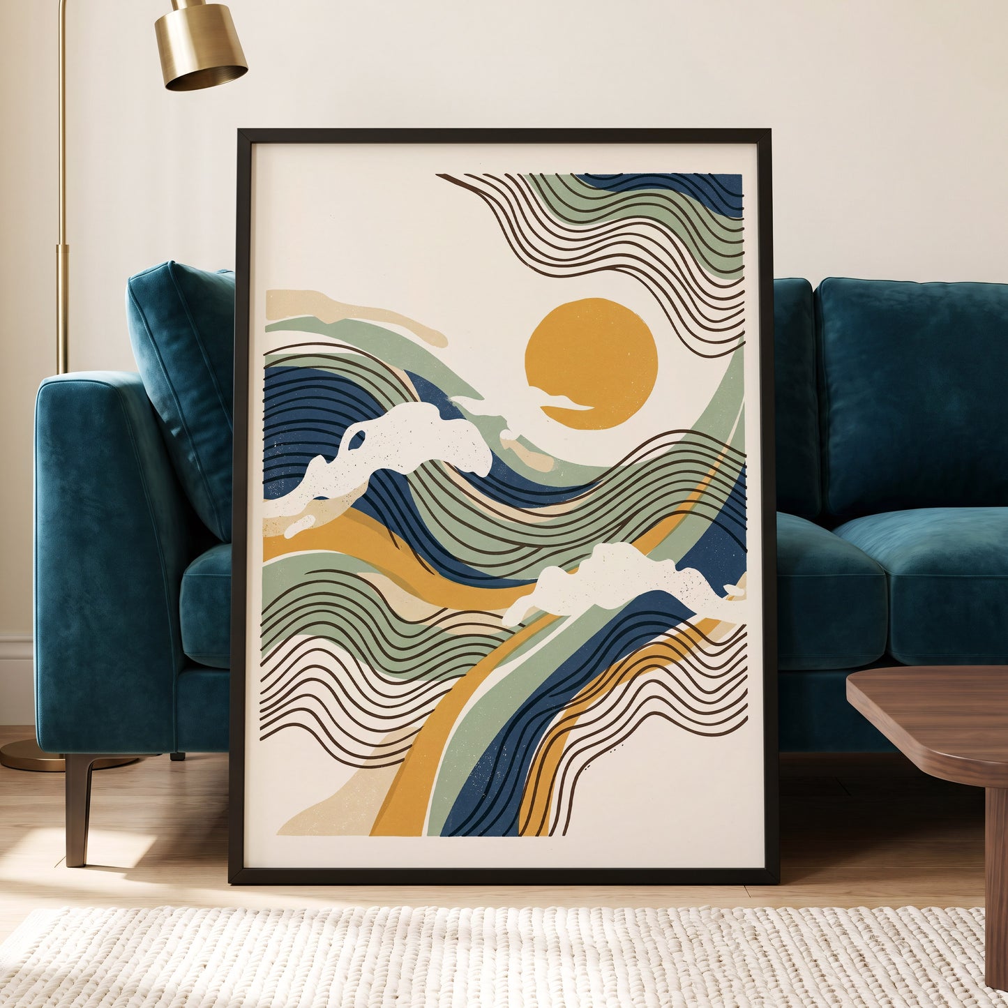 Tidal Sunlines, blue, green, gold nature wall art displayed in a styled interior, gallery view 6