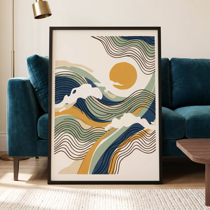 Tidal Sunlines, blue, green, gold nature wall art displayed in a styled interior, gallery view 6