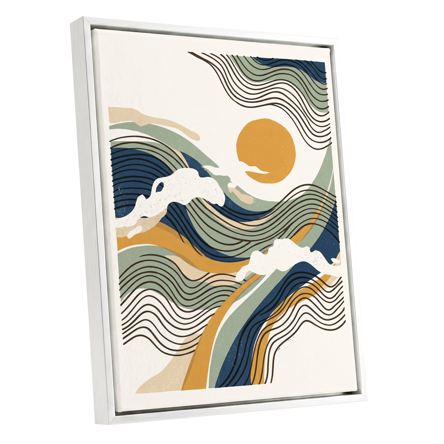 Tidal Sunlines, blue, green, gold nature wall art shown as a white framed canvas wall art