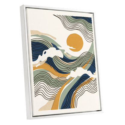 Tidal Sunlines, blue, green, gold nature wall art shown as a white framed canvas wall art
