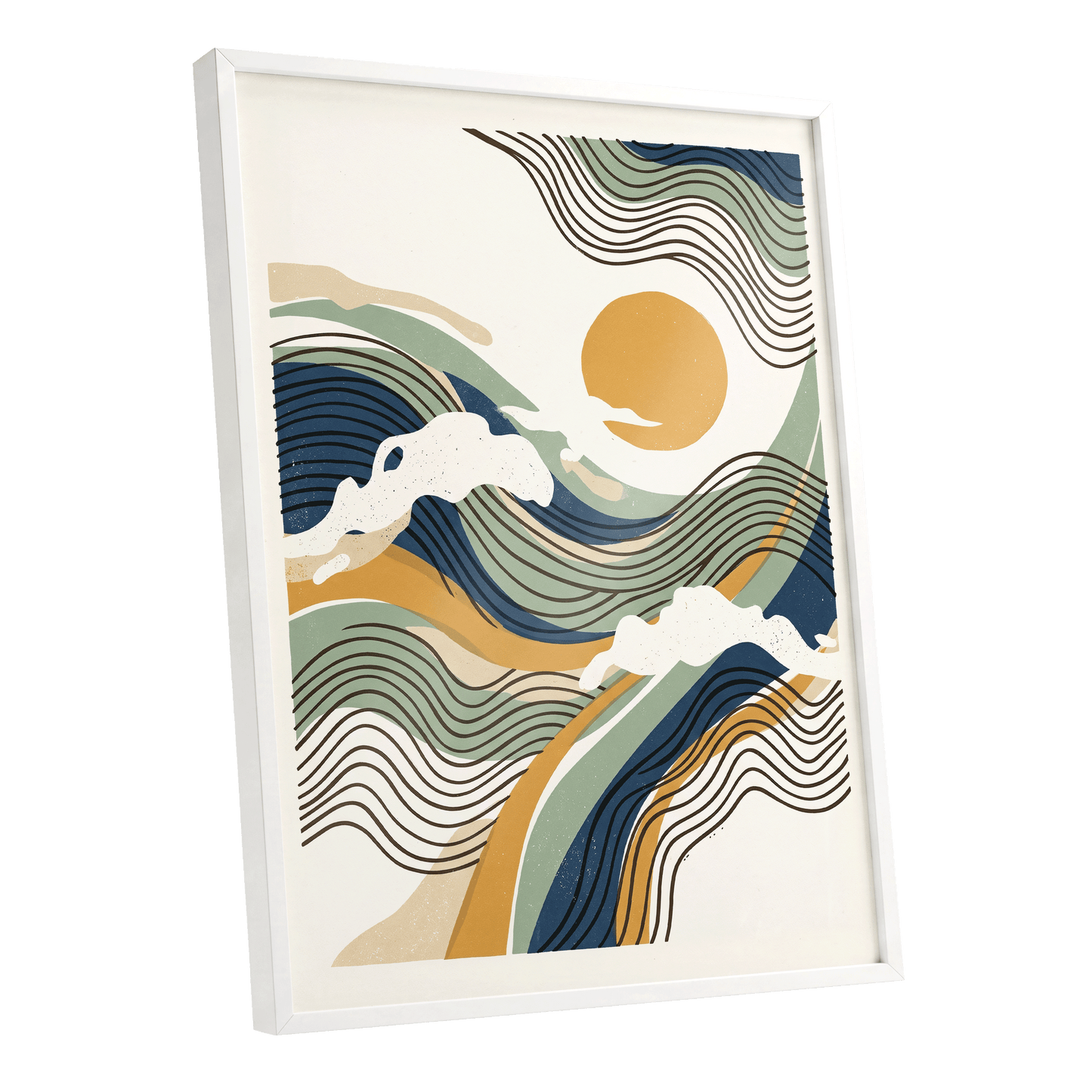Tidal Sunlines, blue, green, gold nature wall art shown as a white framed poster wall art print