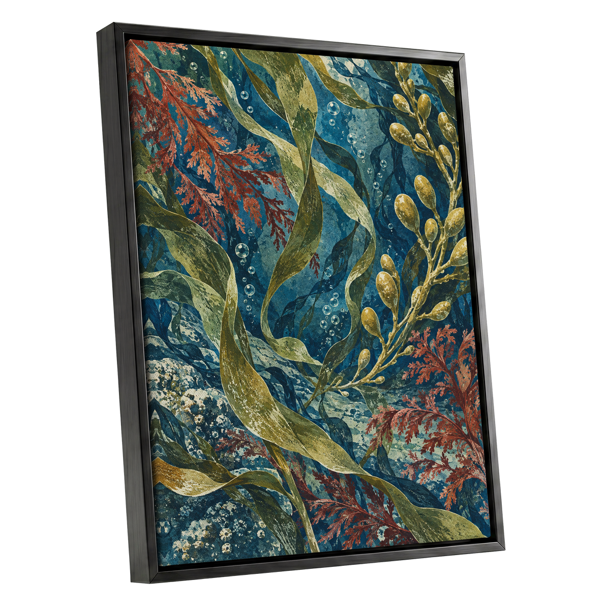 Tidal Tangle, blue, green, gold nature wall art shown as a black framed canvas wall art