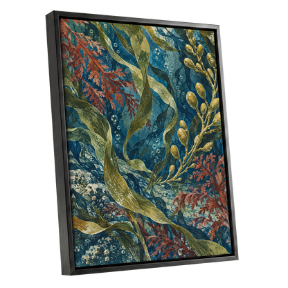 Tidal Tangle, blue, green, gold nature wall art shown as a black framed canvas wall art