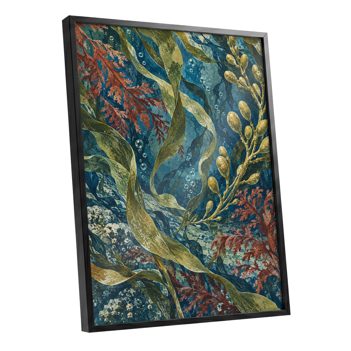 Tidal Tangle, blue, green, gold nature wall art shown as a black framed poster wall art print