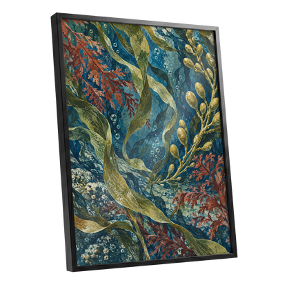 Tidal Tangle, blue, green, gold nature wall art shown as a black framed poster wall art print