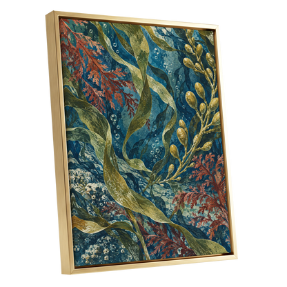 Tidal Tangle, blue, green, gold nature wall art shown as a gold framed canvas wall art