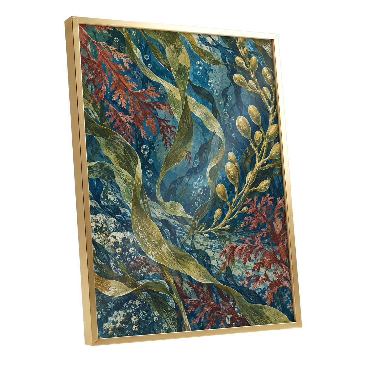 Tidal Tangle, blue, green, gold nature wall art shown as a gold framed poster wall art print