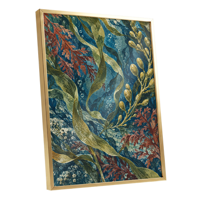 Tidal Tangle, blue, green, gold nature wall art shown as a gold framed poster wall art print