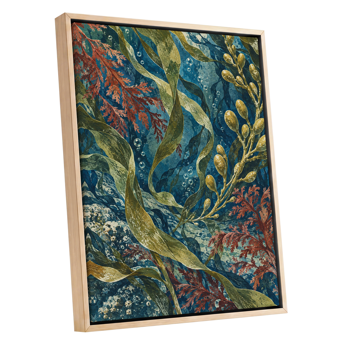 Tidal Tangle, blue, green, gold nature wall art shown as a oak framed canvas wall art