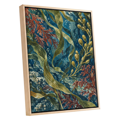 Tidal Tangle, blue, green, gold nature wall art shown as a oak framed canvas wall art