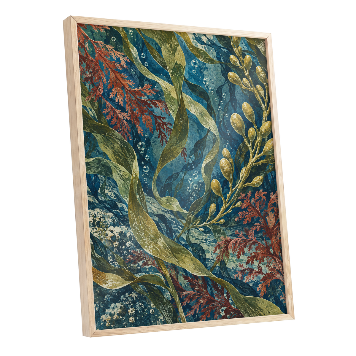 Tidal Tangle, blue, green, gold nature wall art shown as a oak framed poster wall art print