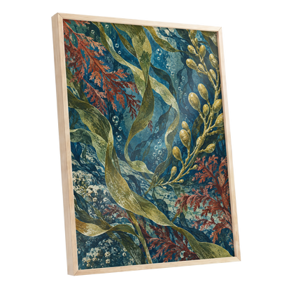 Tidal Tangle, blue, green, gold nature wall art shown as a oak framed poster wall art print