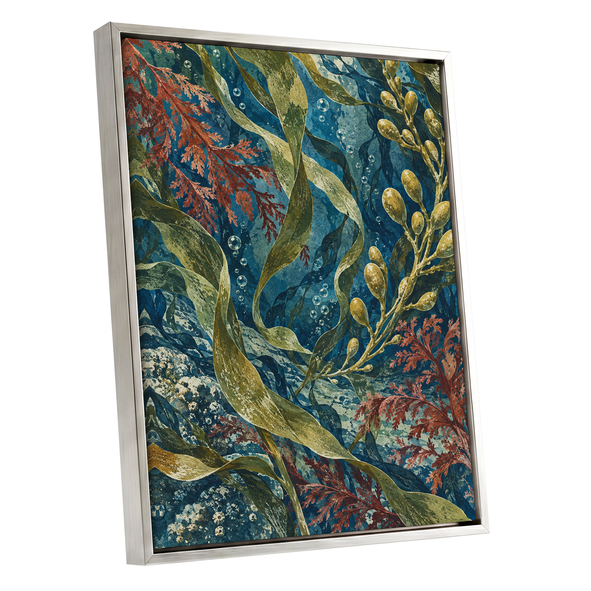 Tidal Tangle, blue, green, gold nature wall art shown as a silver framed canvas wall art