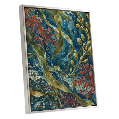 Tidal Tangle, blue, green, gold nature wall art shown as a silver framed canvas wall art