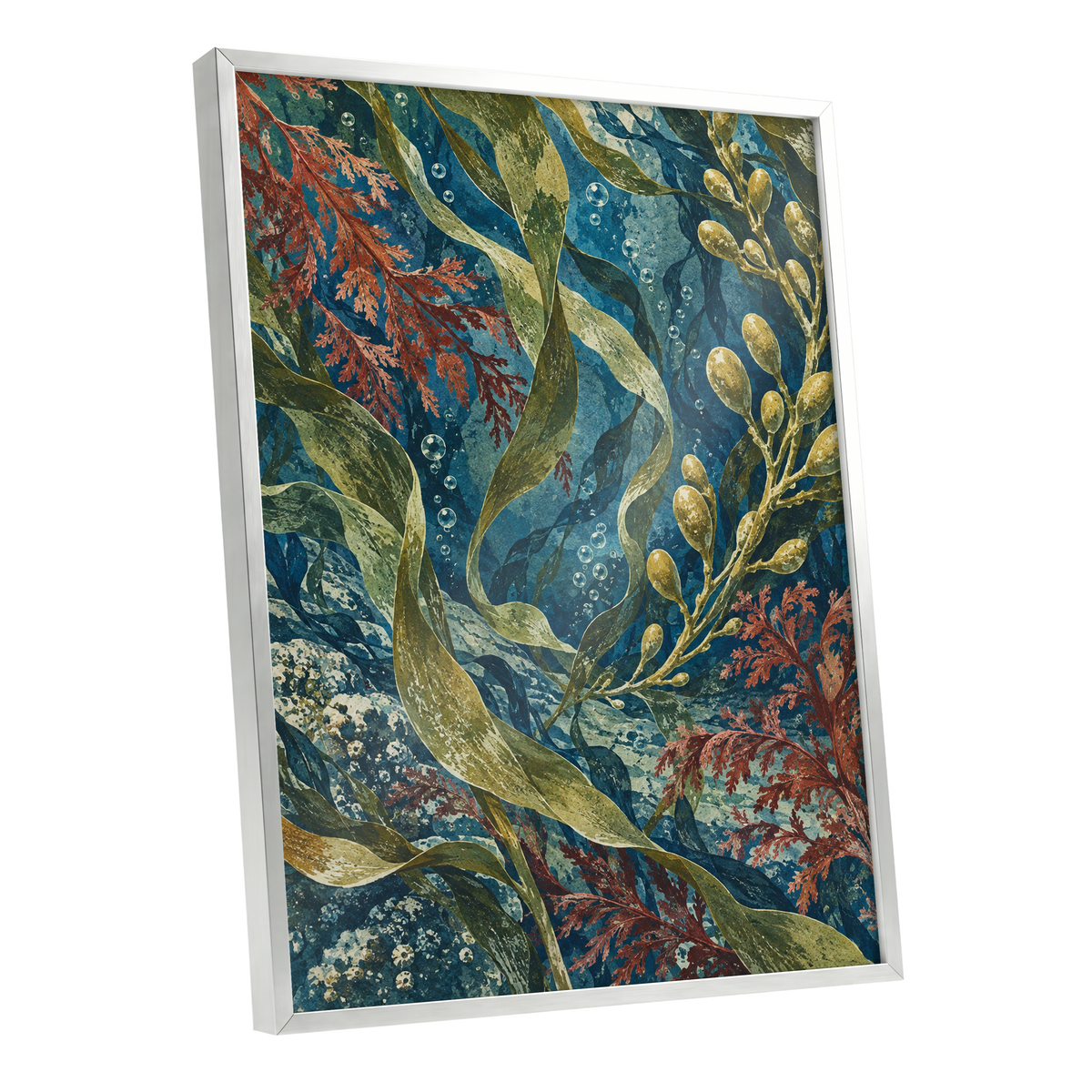 Tidal Tangle, blue, green, gold nature wall art shown as a silver framed poster wall art print