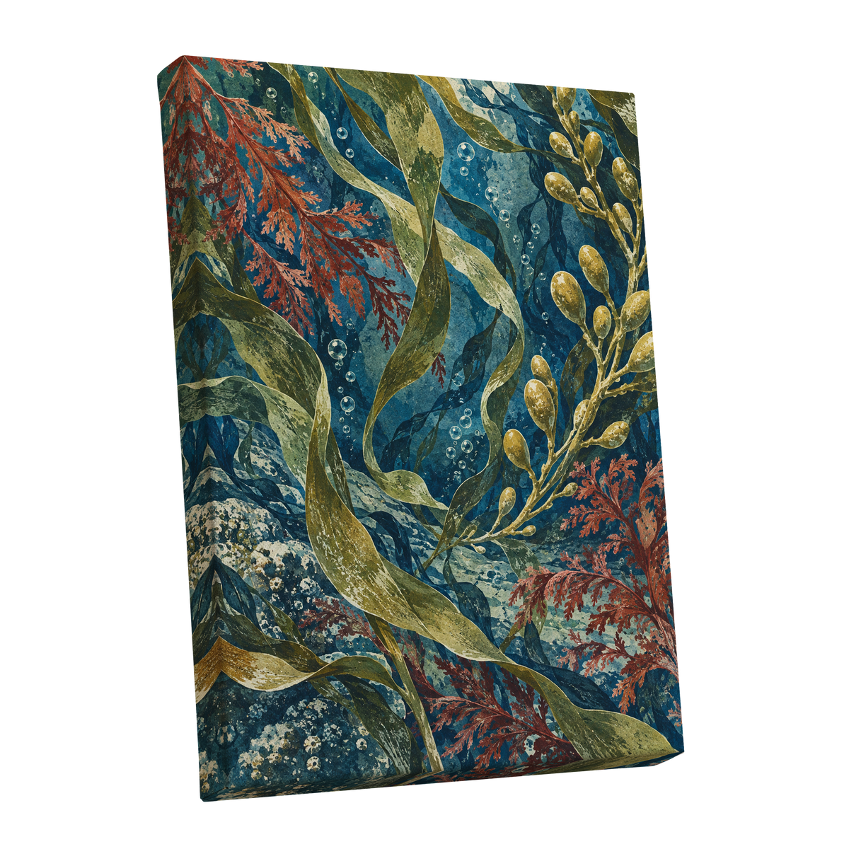 Tidal Tangle, blue, green, gold nature wall art shown as a stretched canvas wall art
